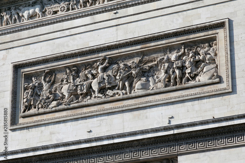 Details of the famous Triumphal Arch in Paris, France. The Arc de Triomphe honours those who fought and died for France in the French Revolutionary and Napoleonic Wars.