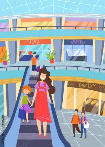 Young mother shopping with her little daughter holding hands as they descend on an indoor escalator in a shopping mall, cartoon vector illustration