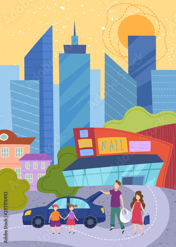 Young family with kids shopping in the city with the parents carrying bags to the car as a young boy and girl hold hands in front of a shopping mall, colorful vector illustration