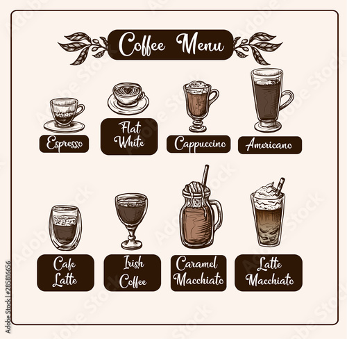 Coffee menu with different drinks. Vector.