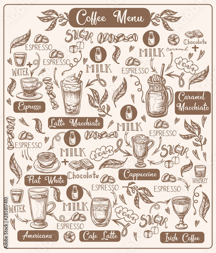 Coffee menu with different drinks. Vector.