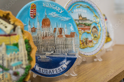Photography Various souvenir plates with focus on Budapest, Hungary