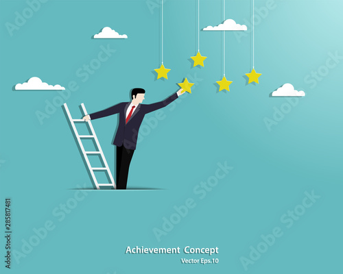 Businessman climbing a stair ladder on the clouds and reaching for the stars