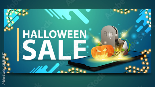 Halloween sale, modern blue banner for web site with the smartphone from which it is projected tombstone and pumpkin Jack