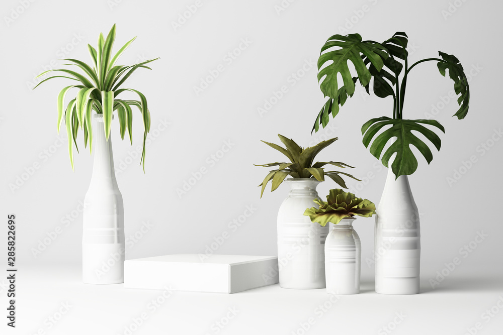 3D render of plant with white vase and product stand on white background