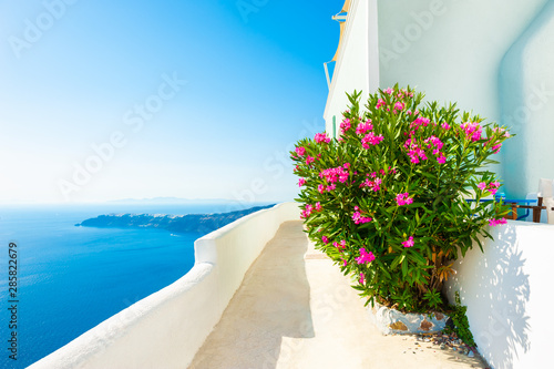 White architecture and pink flowers with sea view. Santorini island, Greece.