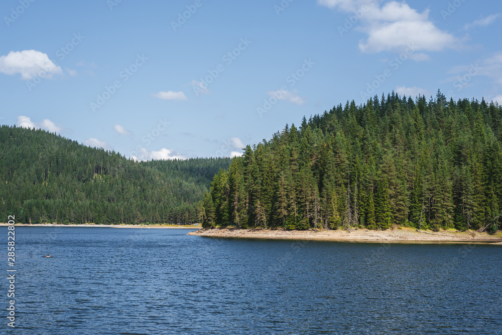 A beautiful waterscape - an artificial lake in Bulgaria (Beglika lake) and a beautiful green forest in the summer.  