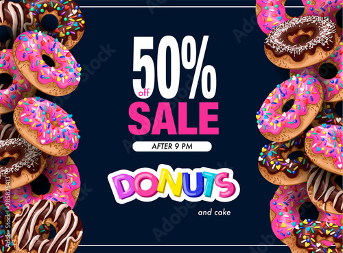 Poster donuts sale with cupcakes pink and chocolate glaze.