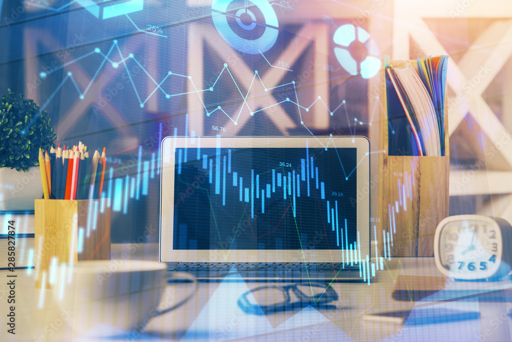 Double exposure of chart and financial info and work space with computer background. Concept of international online trading. Double exposure of chart and financial info and work space with computer background. Concept of international online trading.