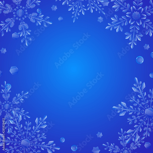 Fototapeta Naklejka Na Ścianę i Meble -  Christmas illustration with frame of large complex translucent snowflakes on light blue background. Transparency only in vector format