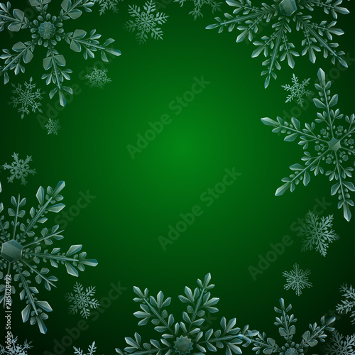Christmas illustration with frame of large complex translucent snowflakes on green background. Transparency only in vector format