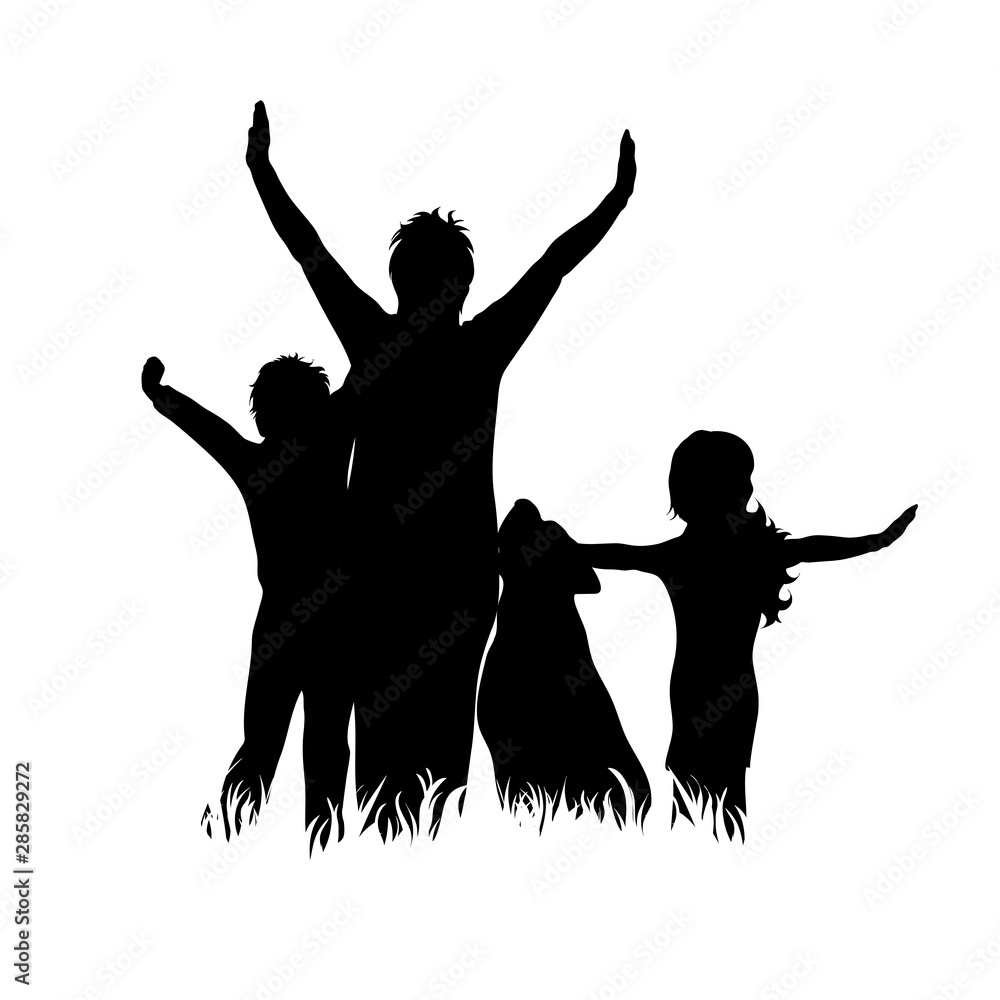 Vector silhouette of mother with her children and dog on white background. Symbol of family, daughter,son,siblings, happy,animal, pet.