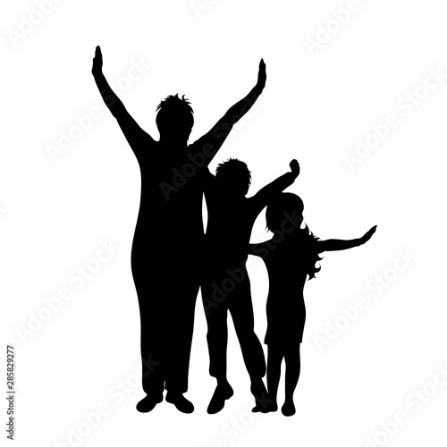 Vector silhouette of mother with her children on white background. Symbol of family  daughter son siblings  happy.