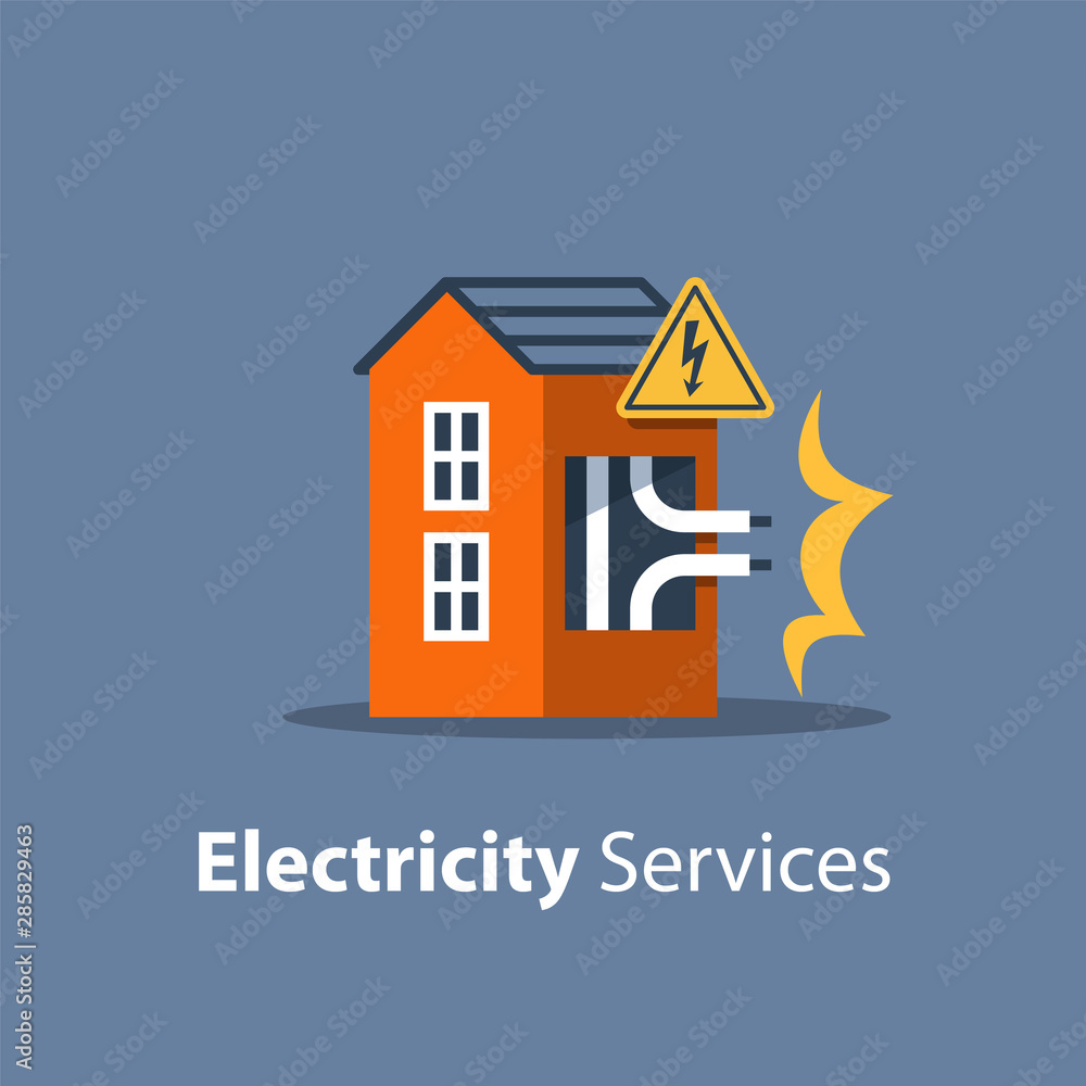 Electricity repair and maintenance, house with high voltage sign and broken wires