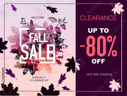 Poster fall sale with leaves and berries. Vector.
