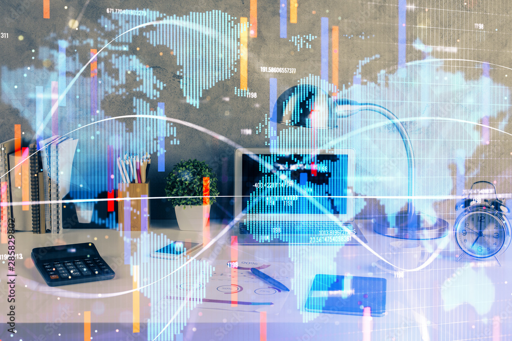 Double exposure of business theme icons and work space with computer background. Concept of success. Double exposure of business theme icons and work space with computer background. Concept of success.