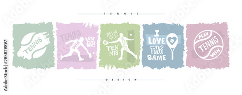 Collection of hand-drawing illustrations for tennis. Sports prints for banners, posters, clothes. Sketch, grunge style, lettering, motivation, slogan.