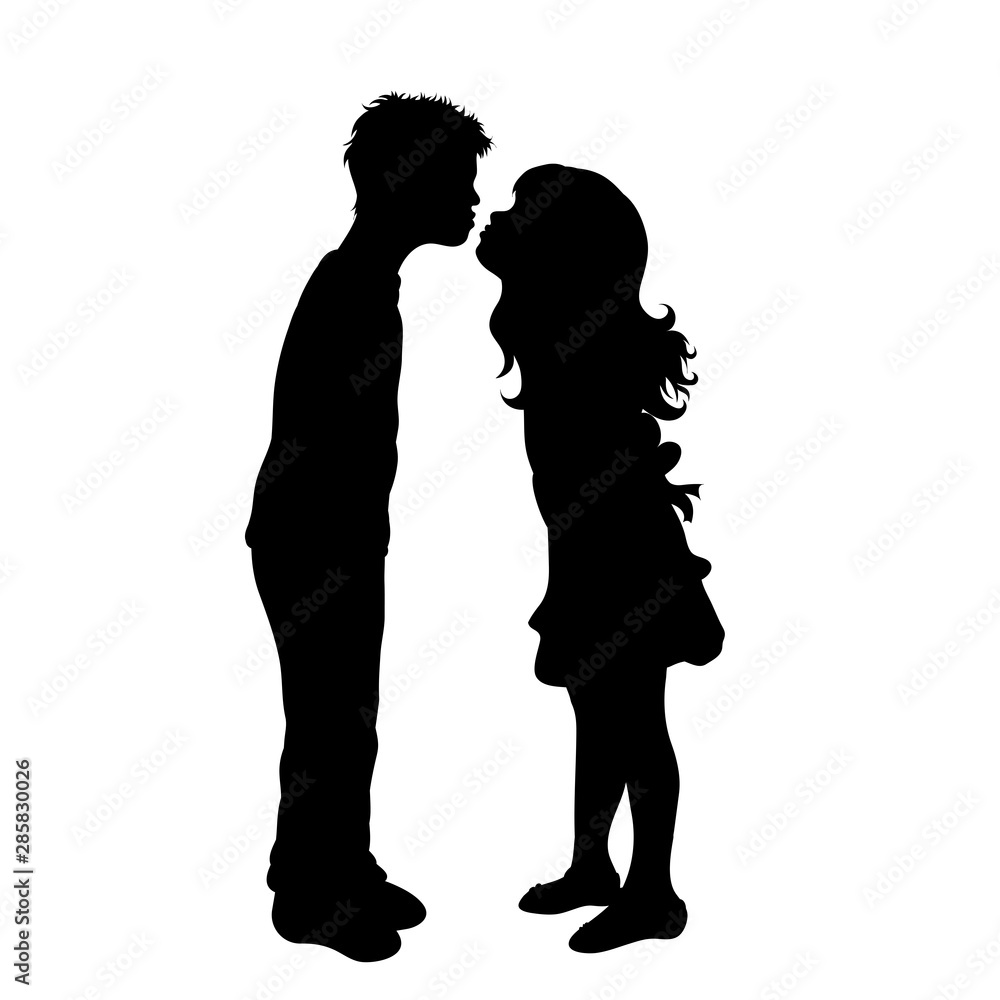 Vector silhouette of children´s friends on white background. Symbol of child, girl,siblings,sister,boy, brother,love.kiss.