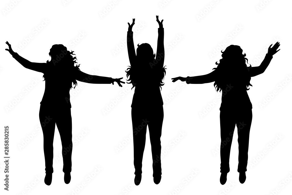 Vector silhouette of set of women on white background. Symbol of female, people, group, dance.