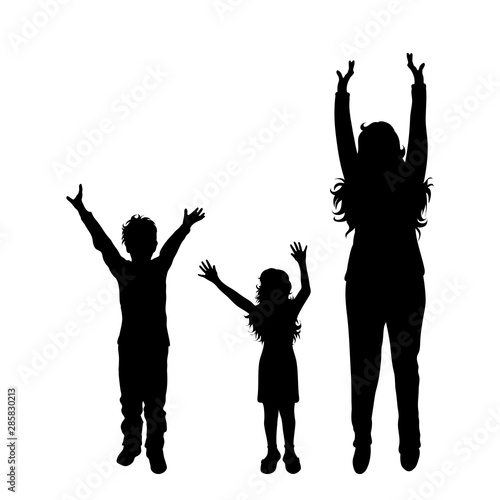 Vector silhouette of mother with her children on white background. Symbol of family  daughter  son  siblings  happy.