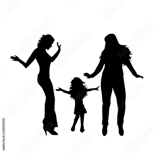 Vector silhouette of lesbian with their child on white background. Symbol of gay, pair, homosexual, friends, girl, daughter, woman, dance.