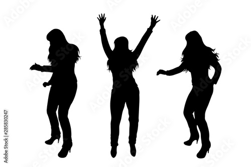 Vector silhouette of set of women on white background. Symbol of female, people, group, dance.