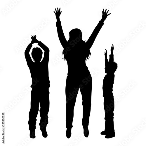 Vector silhouette of mother with her children on white background. Symbol of family  son  siblings  happy  dance.