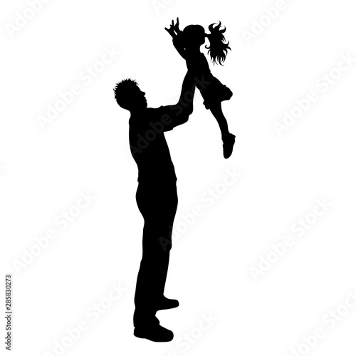 Vector silhouette of father with his daughter on white background. Symbol of family  child  funny.