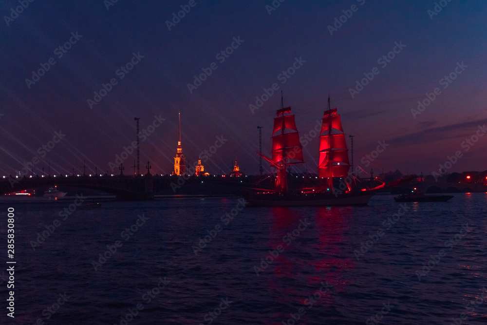 Saint Petersburg. Holiday Scarlet Sails. Russia. Sailboat with scarlet sails sailing on the Neva River.