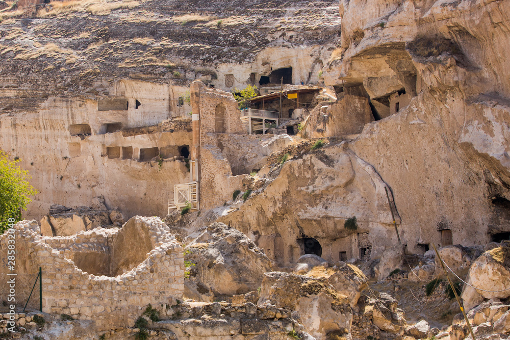 Panoramic view of Hasankeyf ancient cave houses, Turkey, Eastern Anatolia
