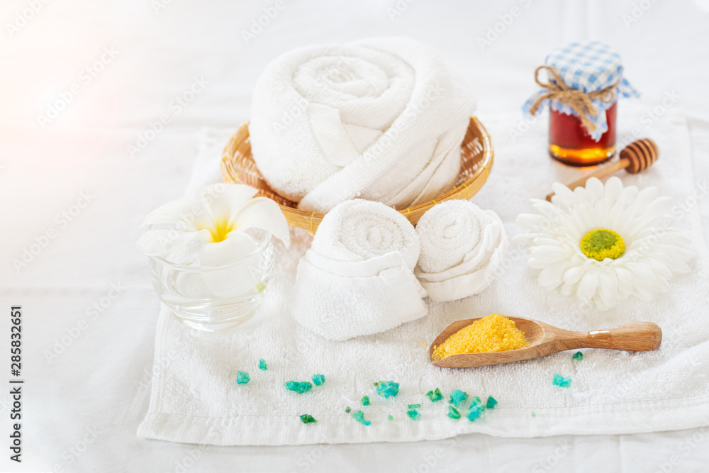 Spa treatments for body scrub with towel in wellness center