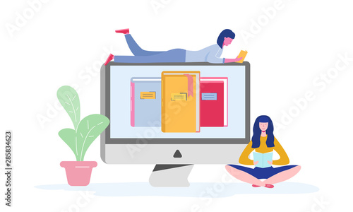 Electronic online library poster with computer and books, people characters reading or students studying, e-book readers, modern literature fans concept. Flat cartoon vector illustration.