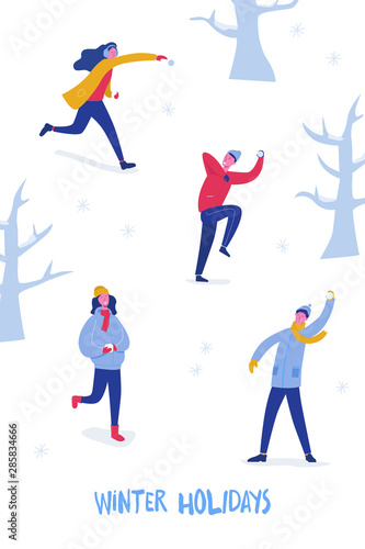 Winter Card or Poster with Happy People Characters Playing Snowballs. Boys and Girls Throwing Snowball, Christmas holidays design illustration. Vector template