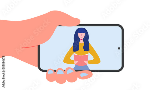 Electronic online library poster with smart phone and books, people character reading or student studying, e-book reader, modern literature fan concept. Flat cartoon vector illustration
