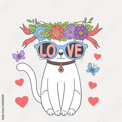 Cute cat with floral wreath, sunglasses, ribbon. Love slogan. Cartoon vector illustration design for t-shirt graphics, fashion prints