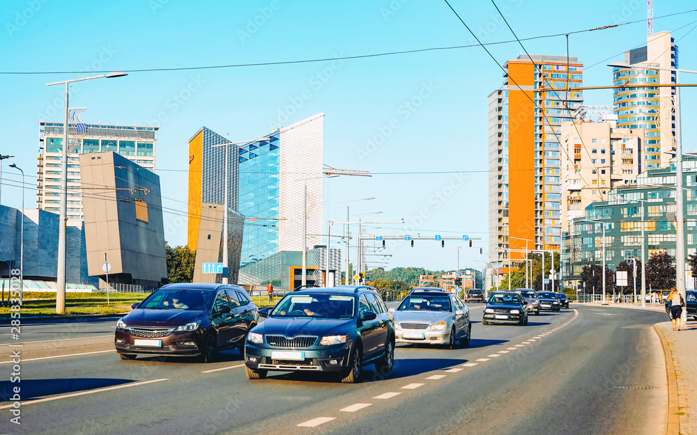 EU Busy street with modern steel and glass skyscrapers EU Busy street with modern steel and glass skyscrapers