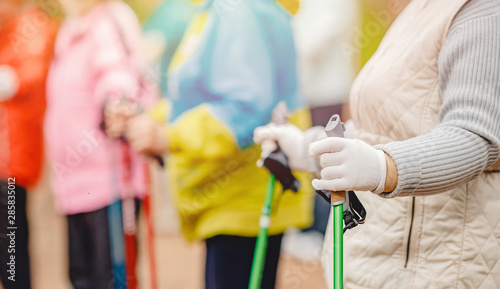 Older women are engaged in Nordic walking, close-up hands with sticks. Sports concept in park