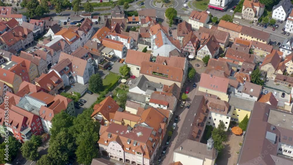 Aerial view from the old town of the city Bad Mergentheim. Ascending above the old town. Aerial view from the old town of the city Bad Mergentheim. Ascending above the old town.