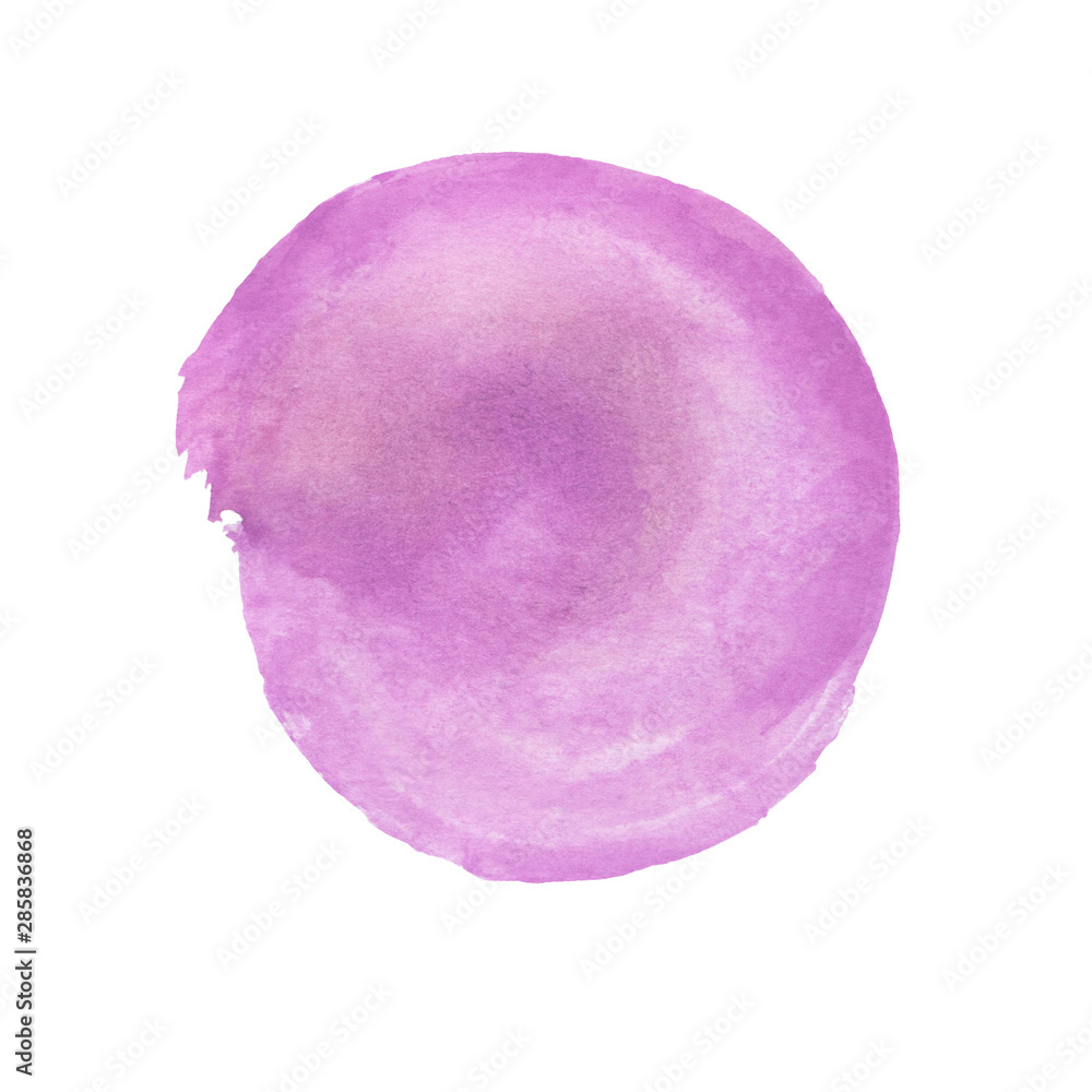 Watercolor lilac hand drawn stain on white background with rough edges, round, circle spot on paper with brush strokes Watercolor lilac hand drawn stain on white background with rough edges, round, circle spot on paper with brush strokes