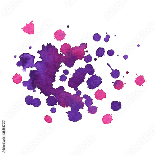 Pink and purple watercolor hand drawn blots and stains on white background