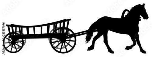 Horse with a cart. Wagon with a steed. Vector silhouette