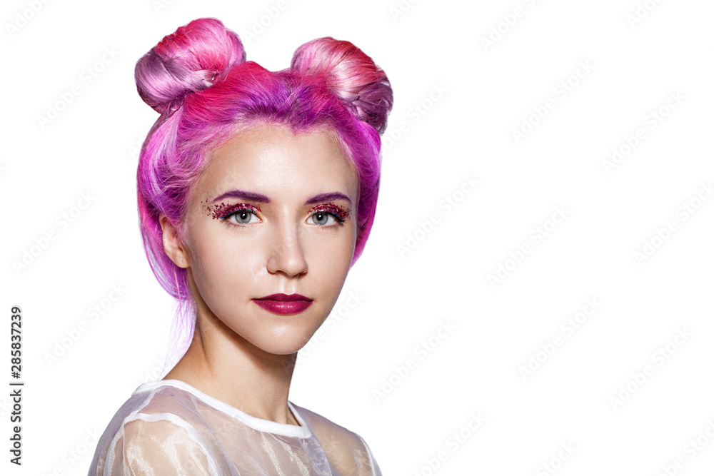 Beautiful woman with pink and violet hair with sparkles on the face. isolated on white background Beautiful woman with pink and violet hair with sparkles on the face. isolated on white background