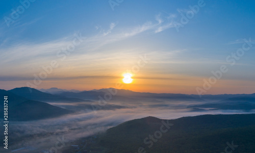 Dawn over the sea and mountains in the Primorsky Territory, Russia