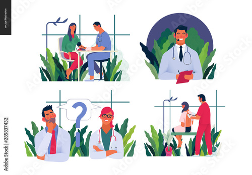 Set of medical insurance illustrations - blood pressure test, auscultation, call us 24-7, second opinion - modern flat vector concept digital illustrations, insurance plan metaphor