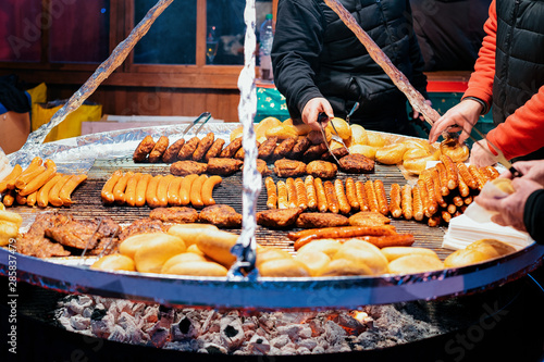 Photography Traditional BBQ barbeque wurst sausages on Christmas market Berlin