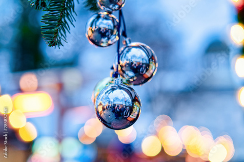 Photography Glass Christmas tree decorations in Christmas market of Germany