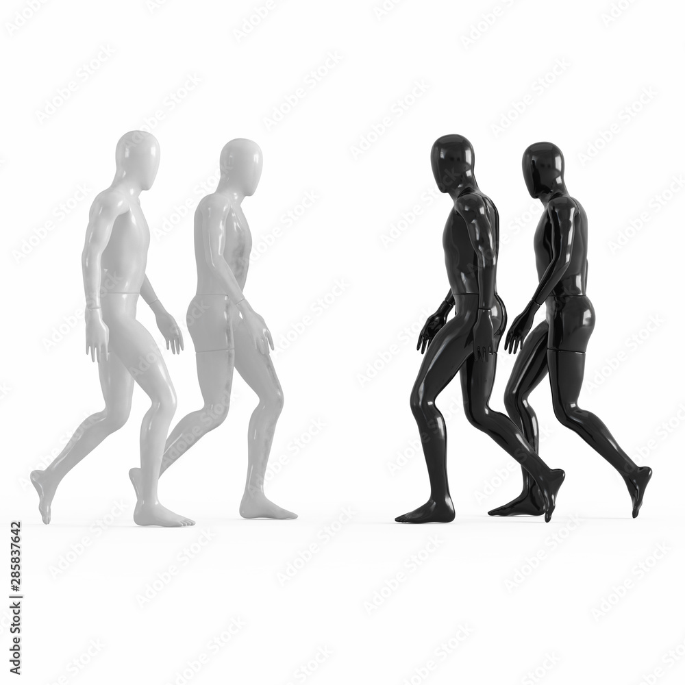 Two white and two black mannequins go towards each other. 3d on a white background Two white and two black mannequins go towards each other. 3d on a white background