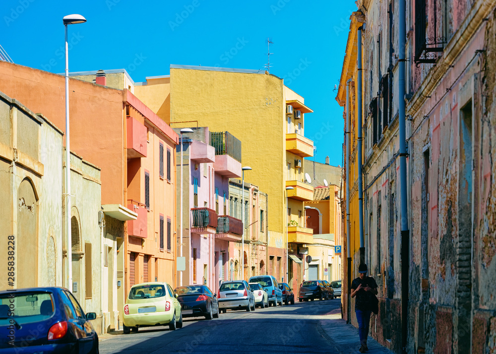 Street view on Road with car parked in Cagliari