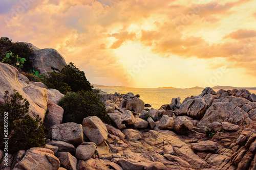 Romantic sunrise at Capriccioli Beach of Costa Smeralda