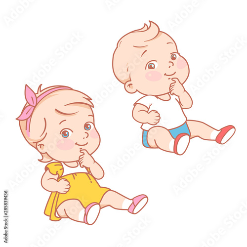 Baby girl and boy sitting on white background. 